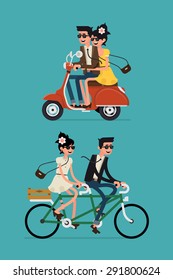 Cool vector flat design happy young man and woman characters couple riding tandem bicycle and retro city scooter isolated | Young hipsters couple riding twin bike and vintage moped laughing happily