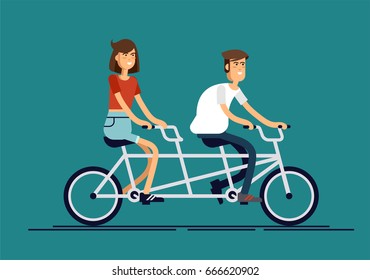 Cool vector flat design happy young man and woman characters couple riding tandem bicycle isolated. Young hipsters couple riding twin bike laughing happily