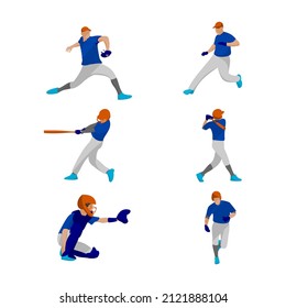 Cool vector flat design illustration of professional baseball or softball team with characters in gray and blue outfit, full body.Sports professional role concept in baseball or softball team.