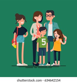 Cool vector flat design illustration on modern family. Parents standing with children. Mother, father, siblings. Teenage girl, school age boy, toddler girl standing together. Happy family characters