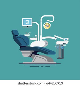 Cool vector flat design illustration on dental clinic chair with operation tray, monitor, various arms, lamp, cuspidor and more. Dentistry visual