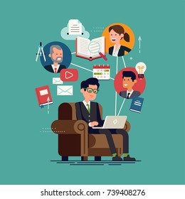 Cool Vector Flat Design Illustration On E-learning, Online Education, Virtual Classroom Or Internet Courses With Education Themed Elements And Characters