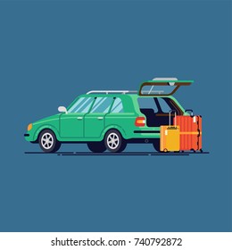 Cool Vektorflachdesign-Illustration über Reise und Transport mit Kombi-Wagen mit offener Kofferablage und Anzugssafeln