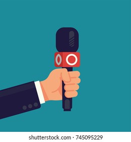 Cool vector flat design illustration on reporter hand holding news channel microphone