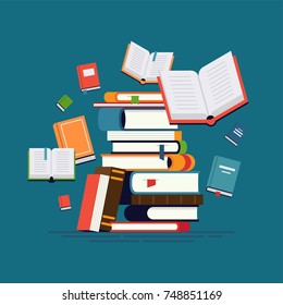 Cool vector flat design illustration on reading with abstract pile of books and flying around open and closed books. Knowledge, learning and education concept design - Shutterstock ID 748851169