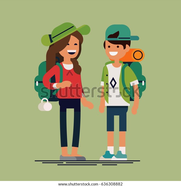 カジュアルな服 帽子 キャンプ用のバックパックを着た明るい2人の子どもを描いた クールなベクターフラットデザインイラスト ハイキング 用のバックパックを持つ小さな男の子と女の子のキャラクター 子ども向けのハイキング のベクター画像素材 ロイヤリティフリー