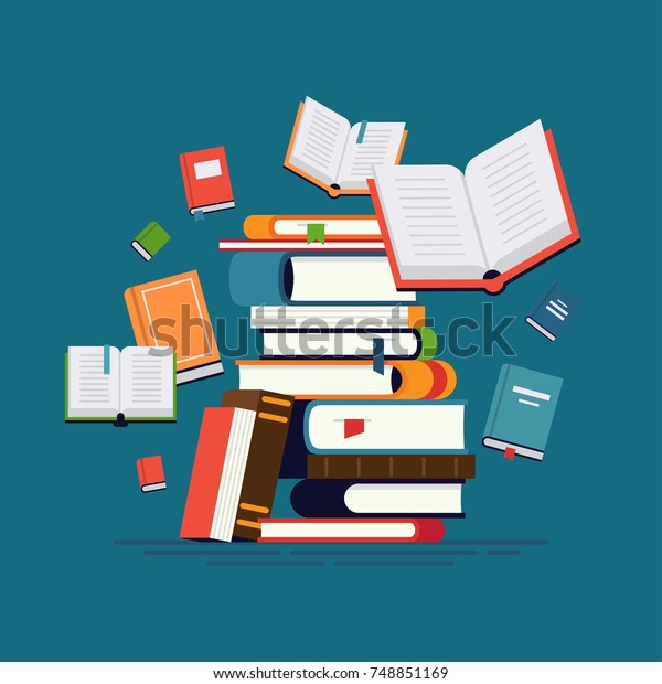 Cool vector flat design\
illustration on reading with abstract pile of books and flying\
around open and closed books. Knowledge, learning and education\
concept design
