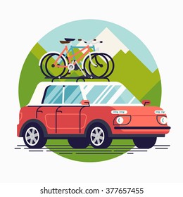 Cool vector flat design modern crossover vehicle with bicycles on top rack. Tourism design element on recreational destination travel by car for riding on bicycle