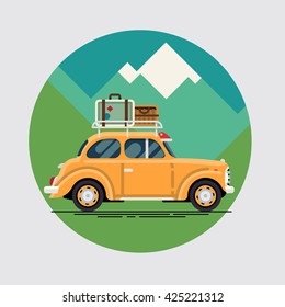 Cool vector flat design modern retro car with suitcases luggage on roof rack. Tourism design element on recreational destination travel by car. Road trip vacation. Retro travel car