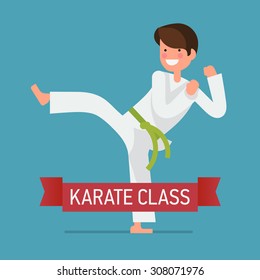 Cool vector flat design on young karate boy character | Martial arts for kids | Karate class young student in action