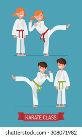 Cool Vector Flat Design On Young Karate Boy And Girl Characters | Martial Arts For Kids | Karate Class Young Students In Action