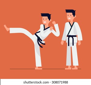 Cool vector flat design on young karate teacher character | Martial arts master isolated | Karate class adult male person in action