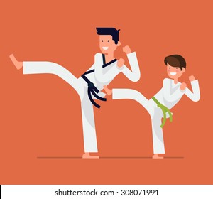 Cool Vector Flat Design On Young Karate Student With His Teacher Characters | Martial Arts For Kids | Karate Class Young Student And Master In Action