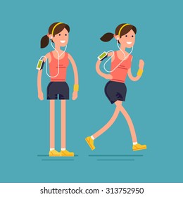 Cool vector flat design on young adult woman running isolated | Sport fitness female character standing and running in summer warm season outfit