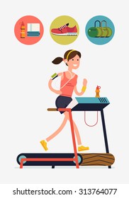 Cool vector flat design on young adult woman running on thread mill in fitness gym with essential running round icons | Sport fitness friendly female character running 