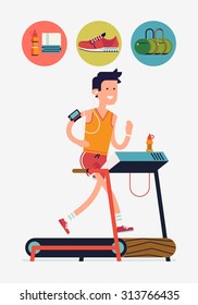 Cool vector flat design on young adult man running on treadmill in fitness gym with essential running round icons with water, towel, sport bag, shoe | Sport fitness friendly female character running 