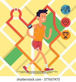 Cool Vector Flat Design On Young Adult Man Running With City Map With Route Tracking On Background | Sport Fitness Male Character Running