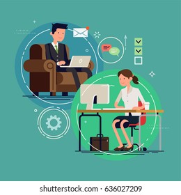 Cool vector flat design on business communication featuring businessman sitting in armchair with laptop and business woman working in office. Business network concept illustration