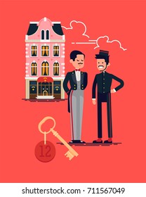 Cool Vector Flat Design On Hotel Staff Members In Classic Uniforms, Hotel Building Facade And Room Key. Concierge And Porter Standing In Front Of Hotel Facade