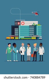 Cool vector flat design on medicine profession. Clinic or hospital team and building. Surgeon, nurse, doctor, paramedic, medic. Female and male medical workers line-up in flat design, isolated