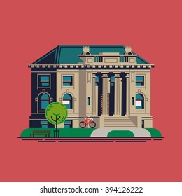 Cool vector flat design public library, cultural community center, city hall or museum building classical Beaux-Arts style facade with portico colonnade entrance 
