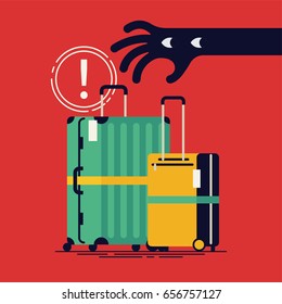 Cool vector flat design public safety poster or banner template with thief hand trying to steal unattended belongings. Hand stealing luggage bags. Baggage theft prevention in touristic places