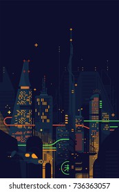 Cool vector flat design Science Fiction dystopian dark futuristic cityscape. Fantastic abstract noir megalopolis landscape with gigantic skyscrapers, structures, neon lights and other sci-fi elements