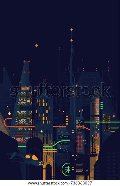 クールなベクターフラットデザインsfディストピアの暗い未来的な街並み 巨大な高層ビル 建物 ネオンライト その他のsf素材を持つ 幻想的なノワールメガロポリスの風景 のベクター画像素材 ロイヤリティフリー