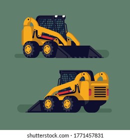 Cool vector flat design skid steer loader. Heavy industrial machinery item. Construction site equipment design element from different angles