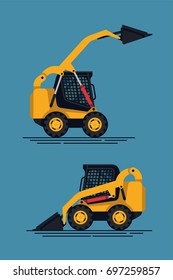 Cool vector flat design skid steer loader. Heavy industrial machinery item. Construction site equipment design element