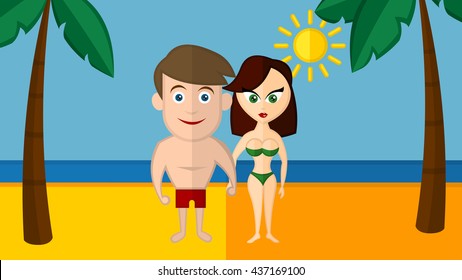 Cool vector flat design summer beach vacation adult couple standing with beach palms on background. 