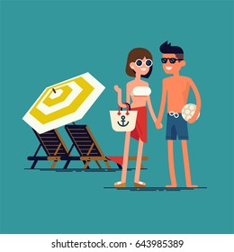 Cool Vector Flat Design Summer Beach Vacation Couple Standing With Beach Loungers On Background. Friendly Smiling Man And Woman In Swim Suit, Shorts And Sun Glasses Ready To Enjoy Their Vacation