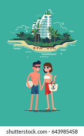 Cool Vector Flat Design Summer Beach Vacation Couple Standing With Exotic Island On Background. Friendly Smiling Man And Woman In Swim Suit, Shorts And Sun Glasses Ready To Enjoy Their Vacation