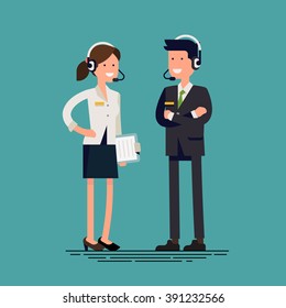 Cool vector flat design technical support team characters. Tech support specialists friendly smiling. Man and woman in headset with clipboard. Troubleshooting department in business and industry