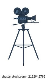 Cool vector flat design video camera on tripod, isolated.