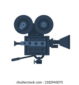 Cool vector flat design video camera on tripod, isolated.
