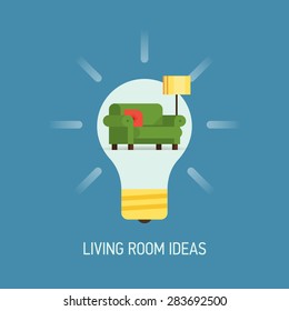 Cool vector flat design web banner illustration on interior design living room ideas with lightbulb and living room furniture and decoration items