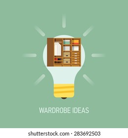 Cool vector flat design web banner illustration on interior design wardrobe ideas with lightbulb and wardrobe closet
