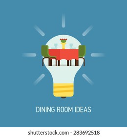 Cool vector flat design web banner illustration on interior design dining room ideas with lightbulb and dining room furniture and decoration items