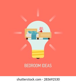 Cool vector flat design web banner illustration on interior design bedroom ideas with lightbulb and bedroom furniture and decoration items