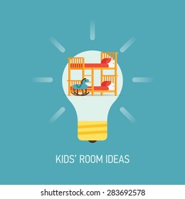Cool vector flat design web banner illustration on interior design kids' room ideas with lightbulb and bunk bed and decoration items
