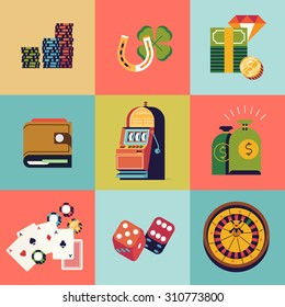 Cool vector flat design web icons on casino and gambling items with slot machine, roulette wheel, playing cards and more. Ideal for gambling and entertainment infographics