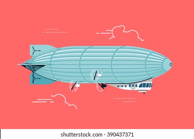 Cool vector flat design zeppelin air ship with gondola cabin and ducted fans. Airship dirigible airway travel transport illustration