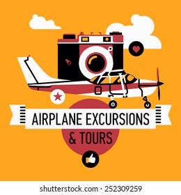 Cool vector flat four colors design on airplane excursions and tours | Air sightseeing and travel web banner square template with light personal plane, retro camera, clouds and like and share icons