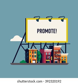 Cool vector flat giant advertisement billboard over small town. Large promotional banner with city street townhouses. Website banner template with urban landscape. City ad background for your business - Shutterstock ID 392320192