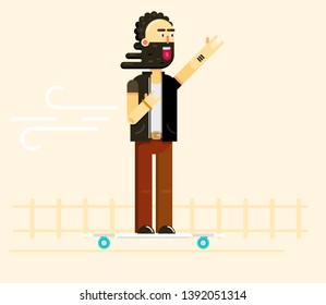Cool vector flat hipster, rocker man character with beard riding longboard skateboard. Urban citizen character vector flat illustration