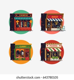 Cool vector flat icons on restaurants, bistro and eateries. Pizzeria, curry, Chinese and burger restaurants icons. Diverse traditional cuisine food establishments