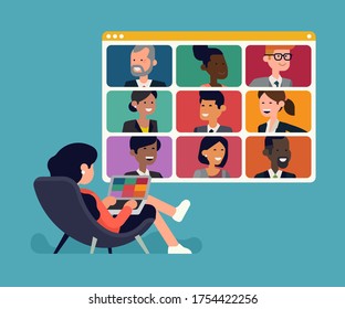 Cool vector flat illustration on reclined woman in a lounge chair having a video conference with coworkers and partners