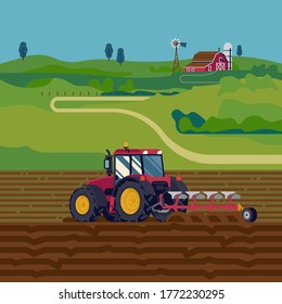 Cool vector flat illustration on farming with tractor plowing a field with reversible plow and a farm in the distance. Field soil ploughing process vector flat style concept