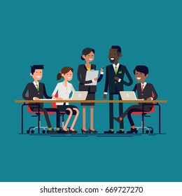 Cool Vector Flat Illustration On Business Meeting. Group Of Company Strategy Conference Characters Sitting And Standing Behind Large Desk. Diverse Business Team Members Having A Discussion